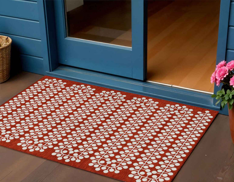 3' X 5' Red And Ivory Geometric Washable Indoor Outdoor Area Rug