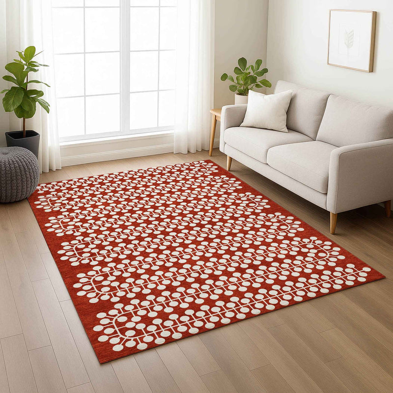 3' X 5' Red And Ivory Geometric Washable Indoor Outdoor Area Rug