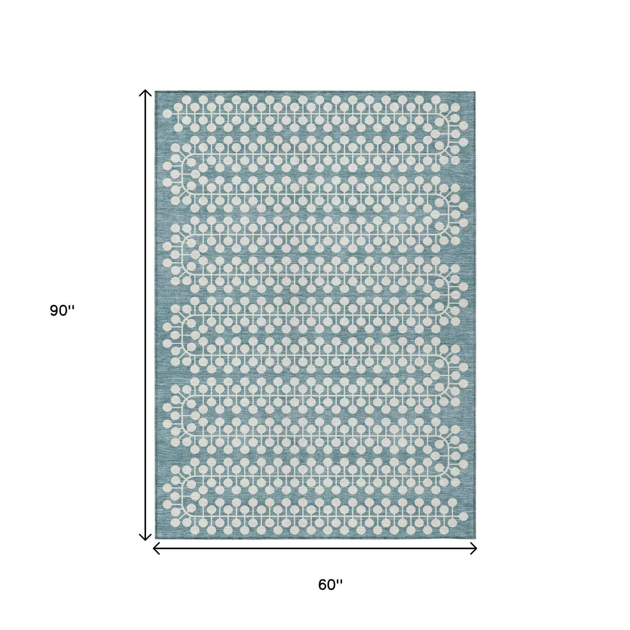 5' X 8' Teal Blue And Ivory Geometric Washable Indoor Outdoor Area Rug