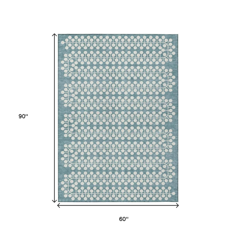 5' X 8' Teal Blue And Ivory Geometric Washable Indoor Outdoor Area Rug