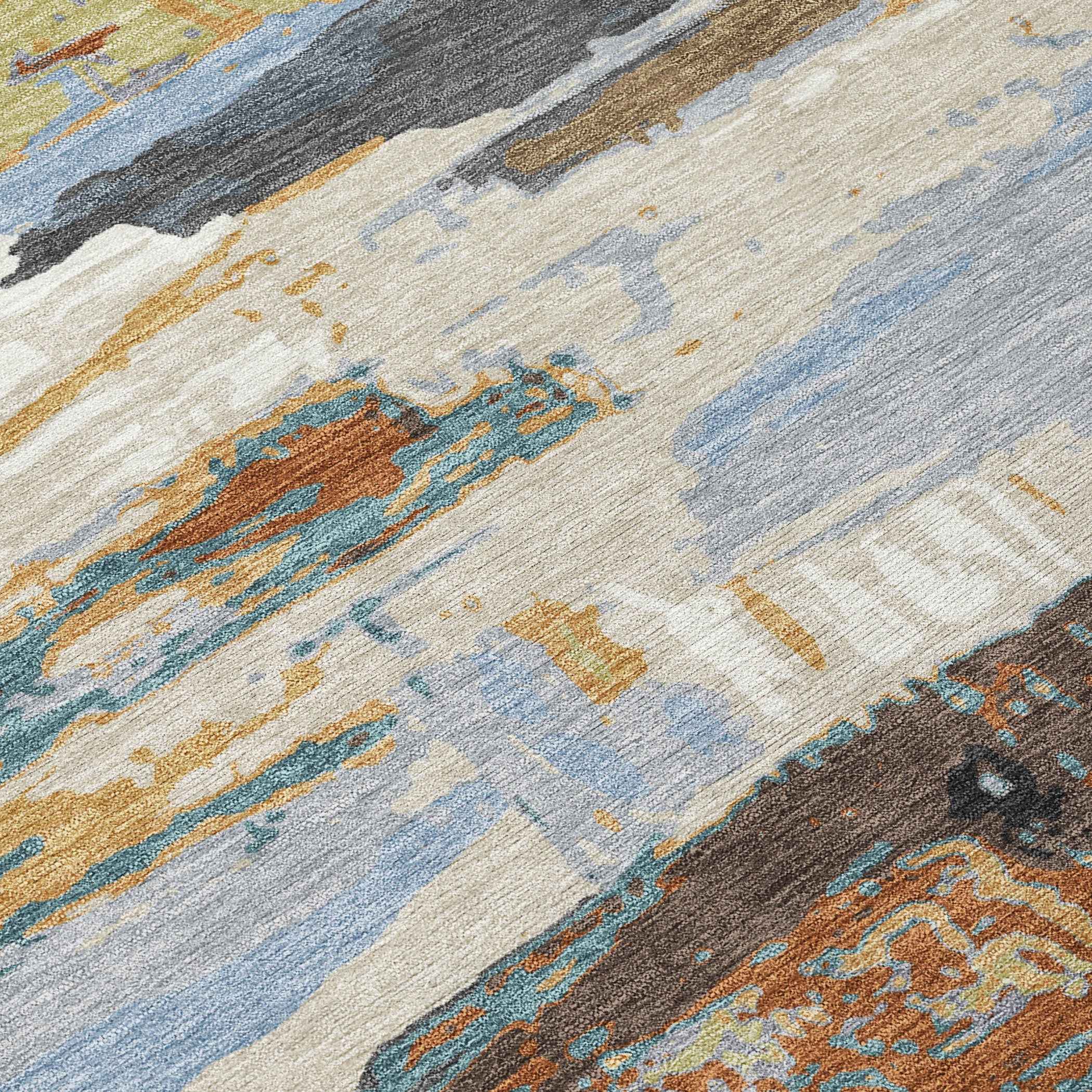 3' X 5' Brown Blue Ivory And Gold Abstract Washable Indoor Outdoor Area Rug