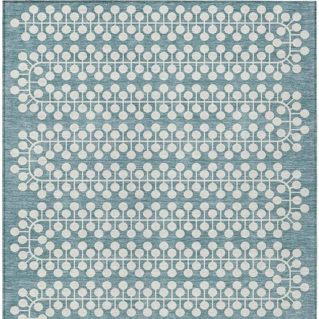 5' X 8' Teal Blue And Ivory Geometric Washable Indoor Outdoor Area Rug