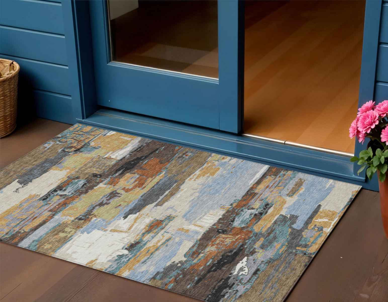 3' X 5' Brown Blue Ivory And Gold Abstract Washable Indoor Outdoor Area Rug