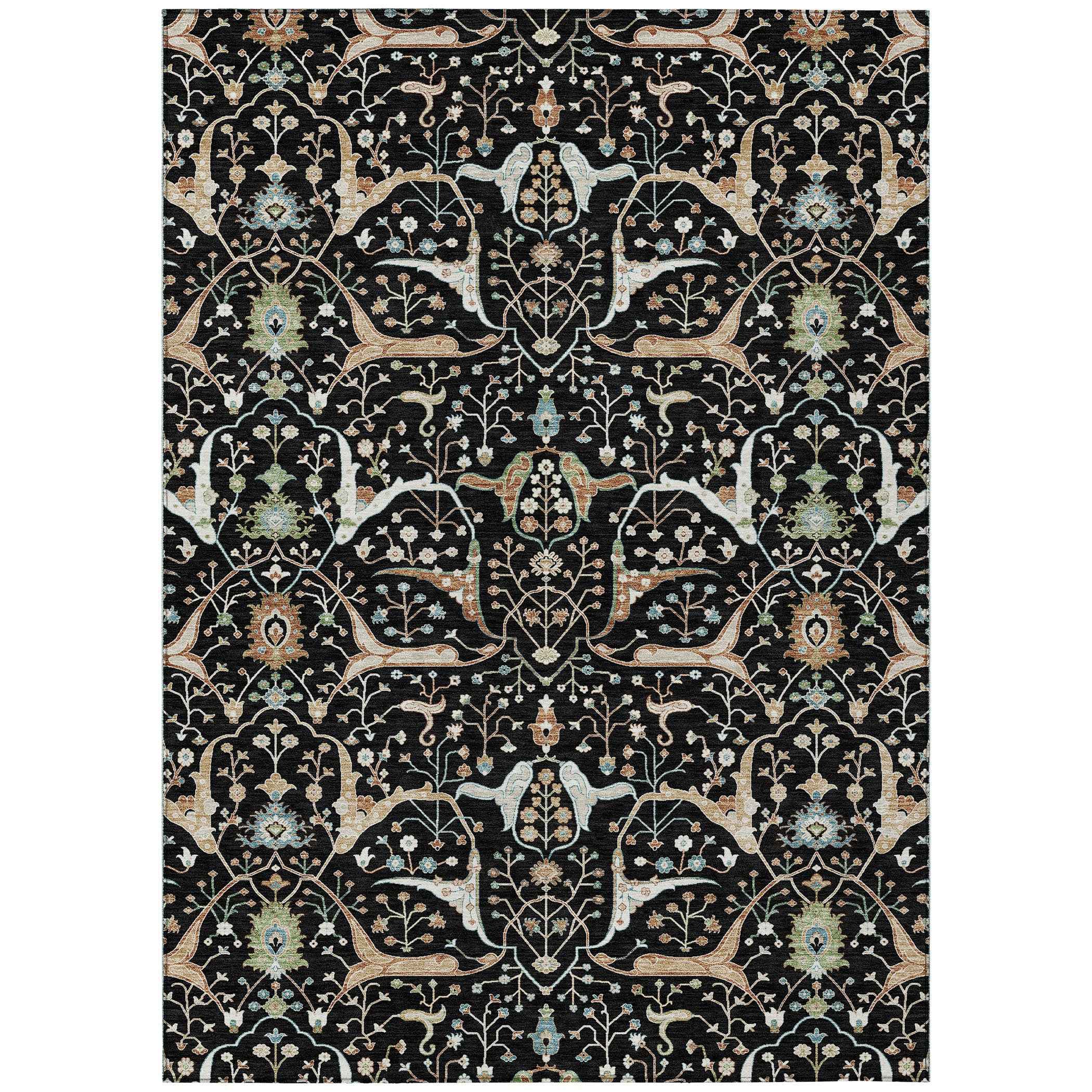 5' X 8' Black Ivory And Green Floral Washable Indoor Outdoor Area Rug