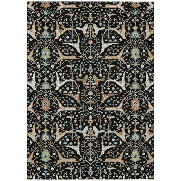 5' X 8' Black Ivory And Green Floral Washable Indoor Outdoor Area Rug