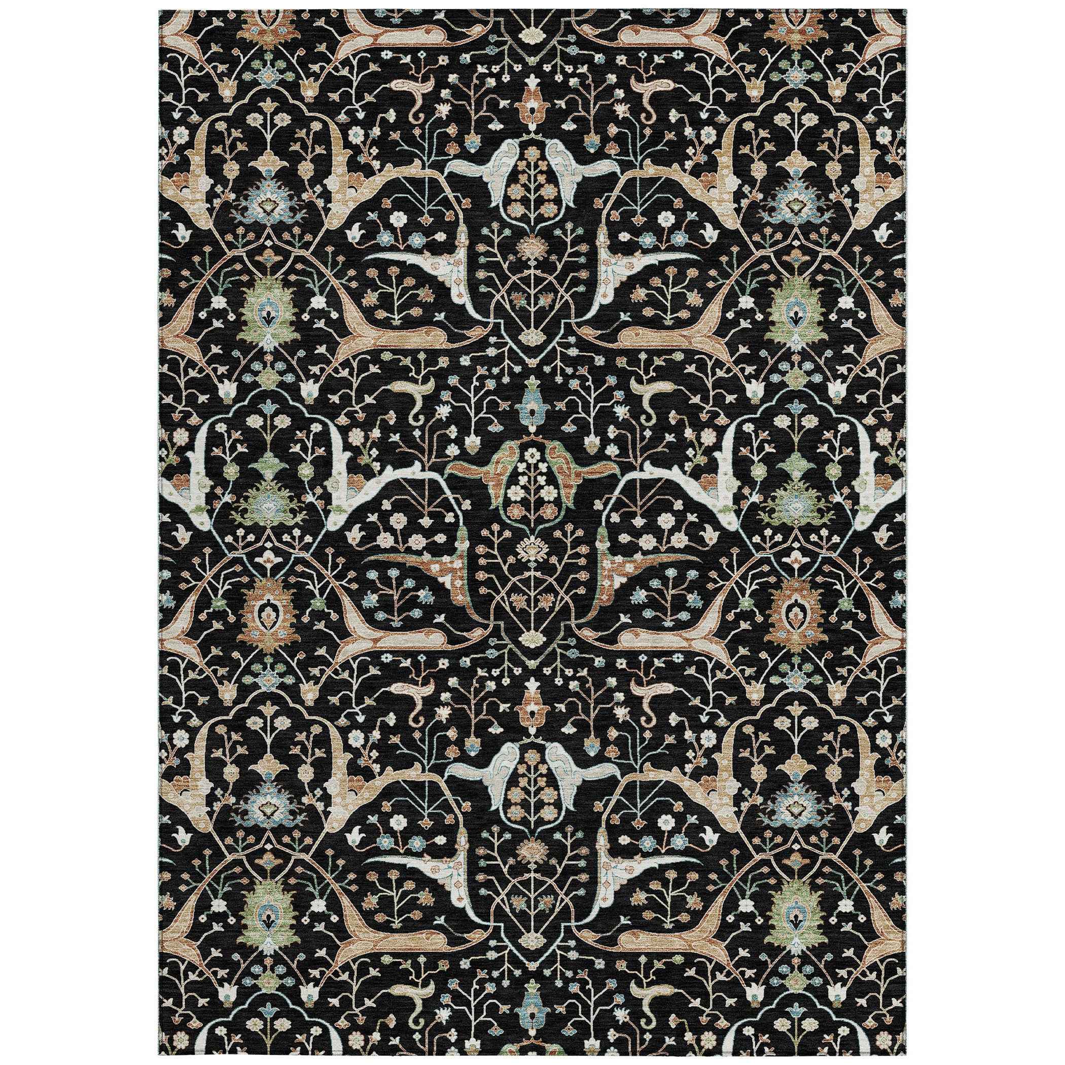 5' X 8' Black Ivory And Green Floral Washable Indoor Outdoor Area Rug