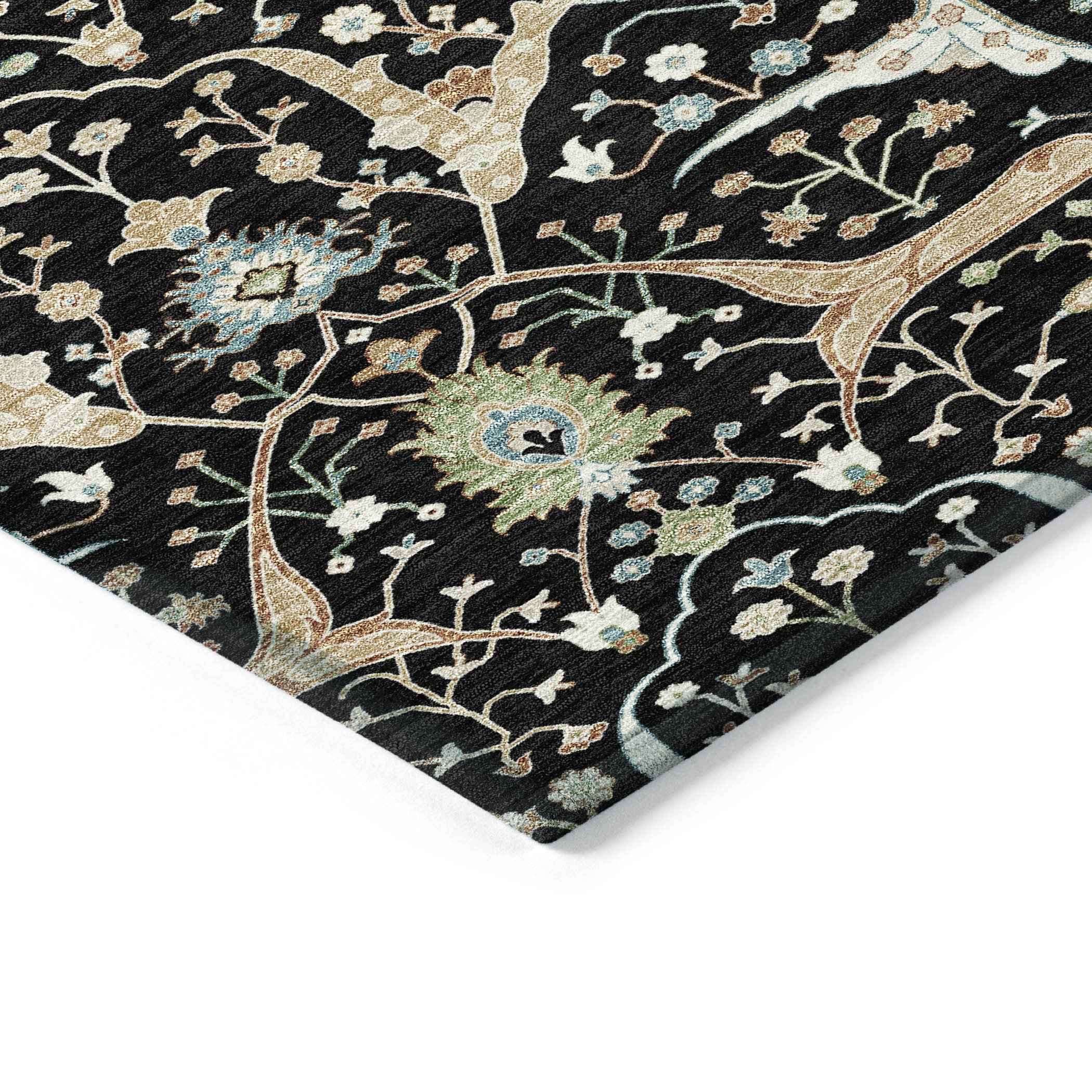 5' X 8' Black Ivory And Green Floral Washable Indoor Outdoor Area Rug