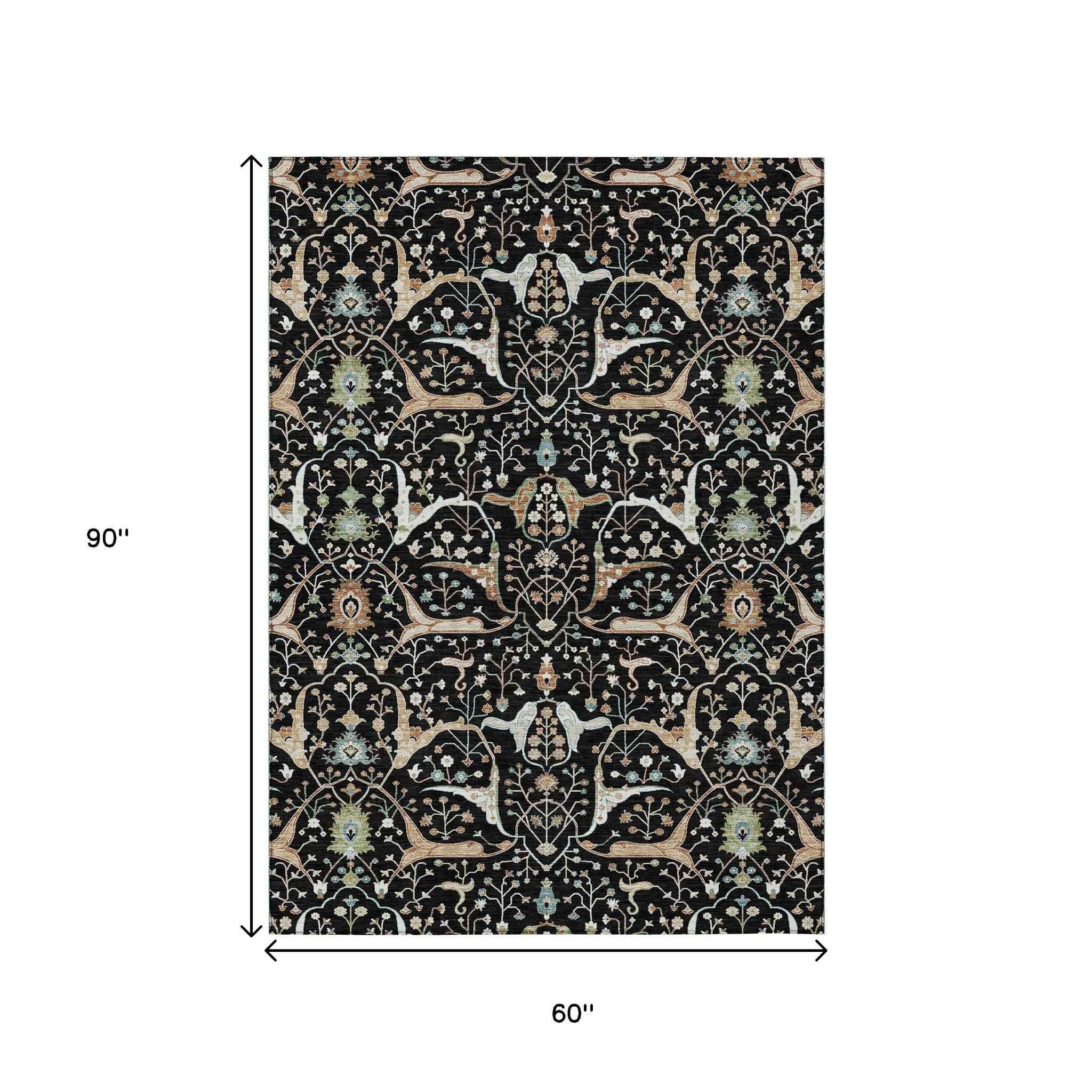 5' X 8' Black Ivory And Green Floral Washable Indoor Outdoor Area Rug