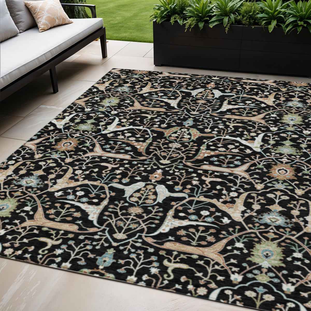 5' X 8' Black Ivory And Green Floral Washable Indoor Outdoor Area Rug
