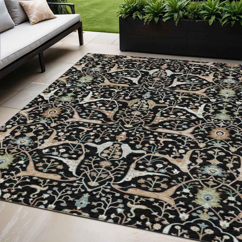 5' X 8' Black Ivory And Green Floral Washable Indoor Outdoor Area Rug