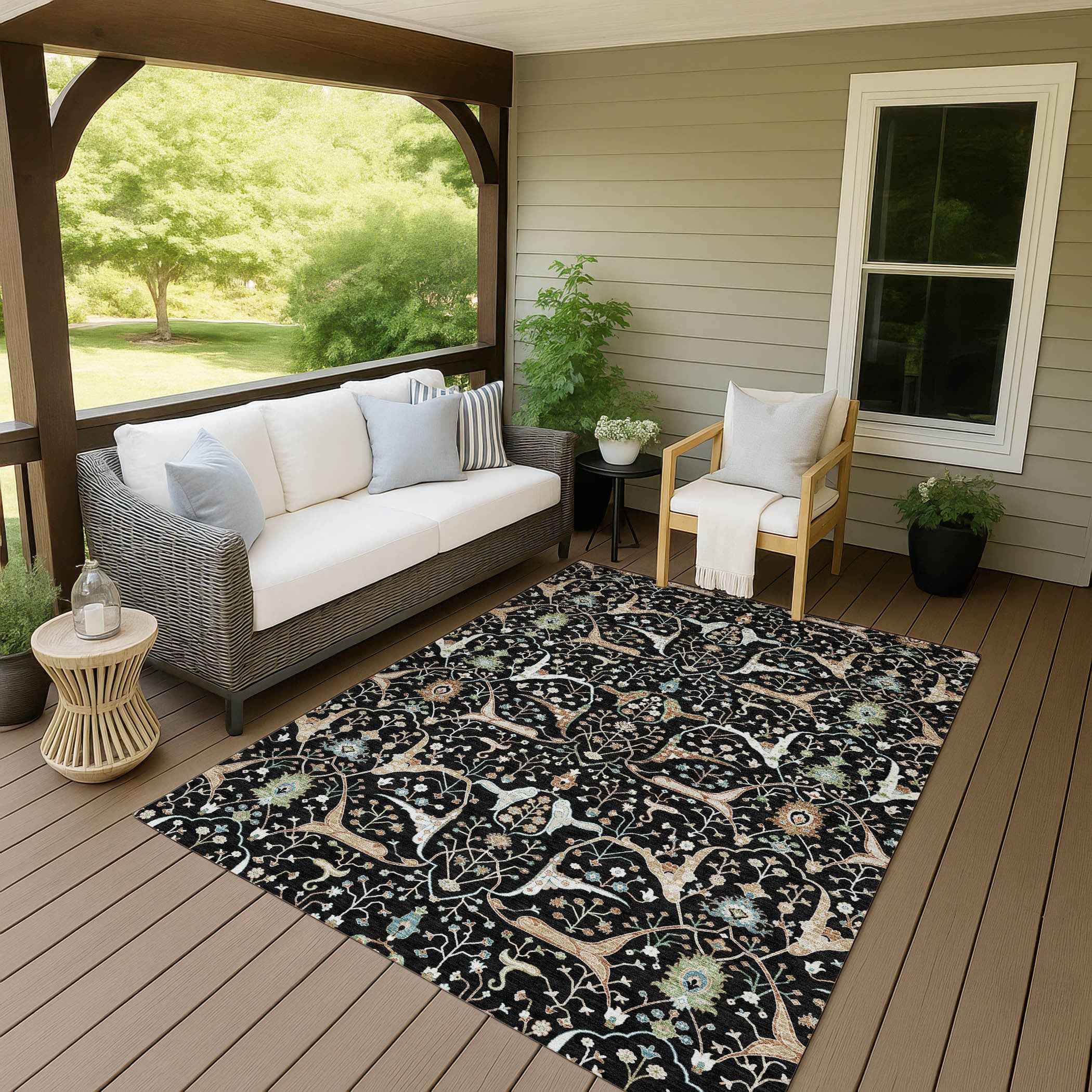 5' X 8' Black Ivory And Green Floral Washable Indoor Outdoor Area Rug