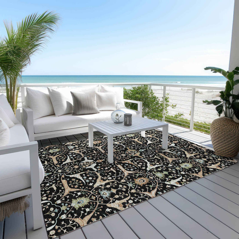 5' X 8' Black Ivory And Green Floral Washable Indoor Outdoor Area Rug