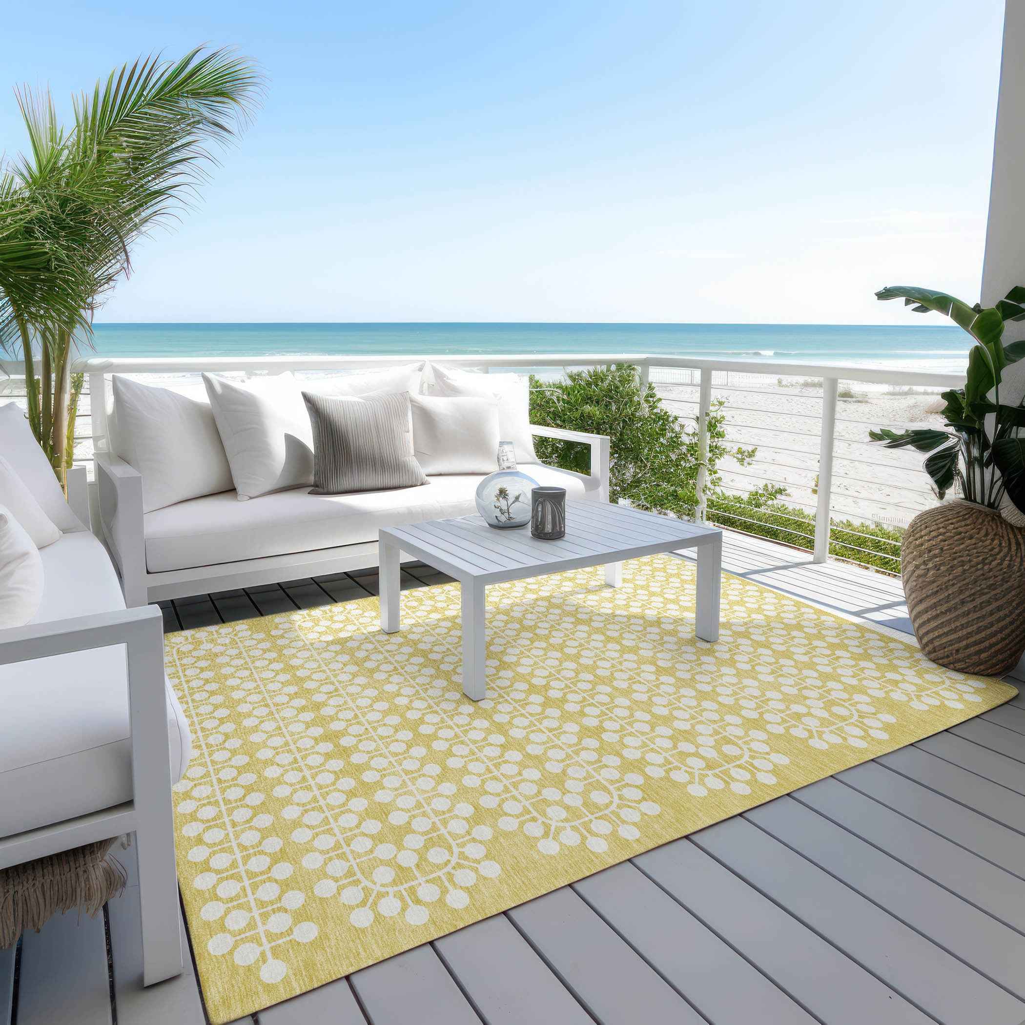 9' X 12' Gold And Ivory Geometric Washable Indoor Outdoor Area Rug