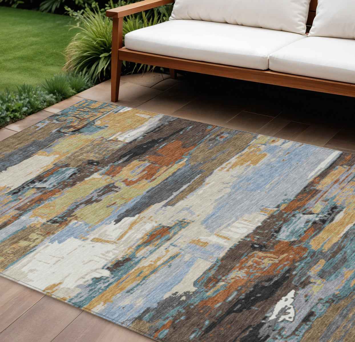 9' X 12' Brown Blue Ivory And Gold Abstract Washable Indoor Outdoor Area Rug
