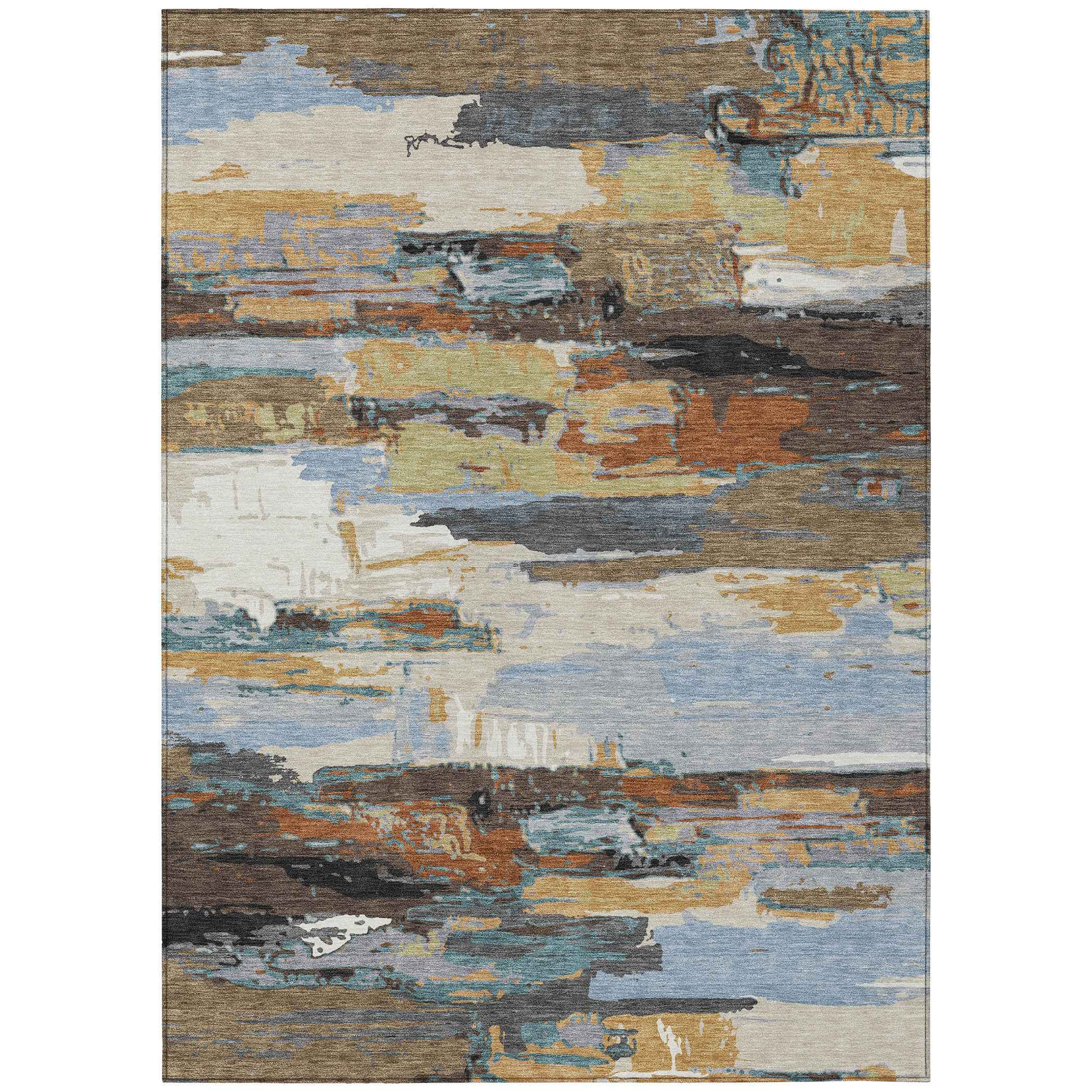 9' X 12' Brown Blue Ivory And Gold Abstract Washable Indoor Outdoor Area Rug