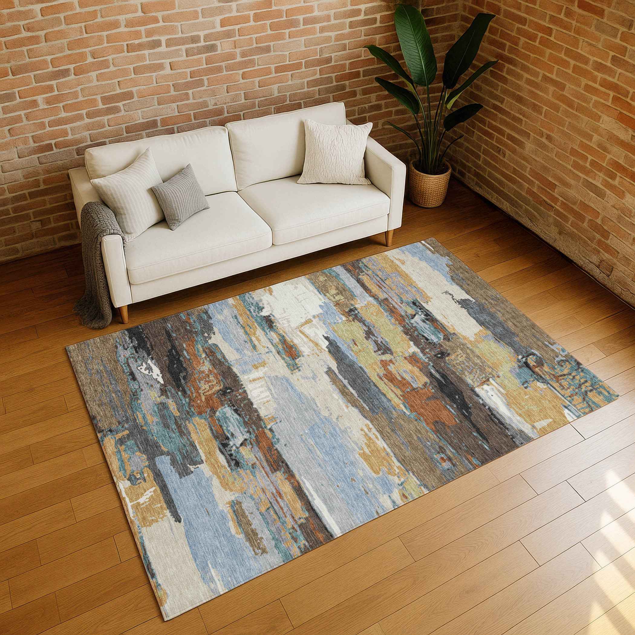 9' X 12' Brown Blue Ivory And Gold Abstract Washable Indoor Outdoor Area Rug