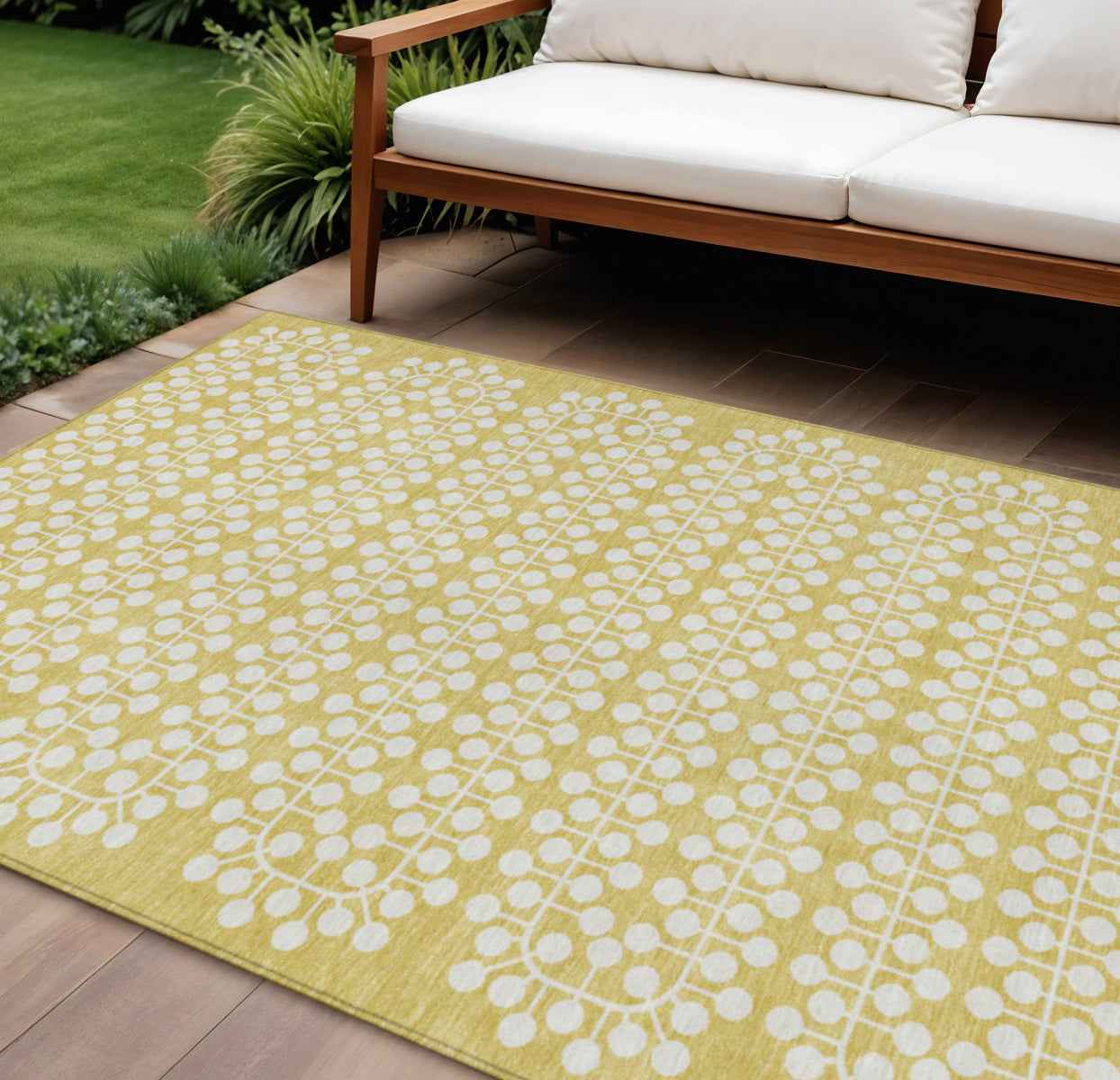 9' X 12' Gold And Ivory Geometric Washable Indoor Outdoor Area Rug