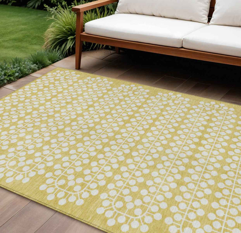 9' X 12' Gold And Ivory Geometric Washable Indoor Outdoor Area Rug