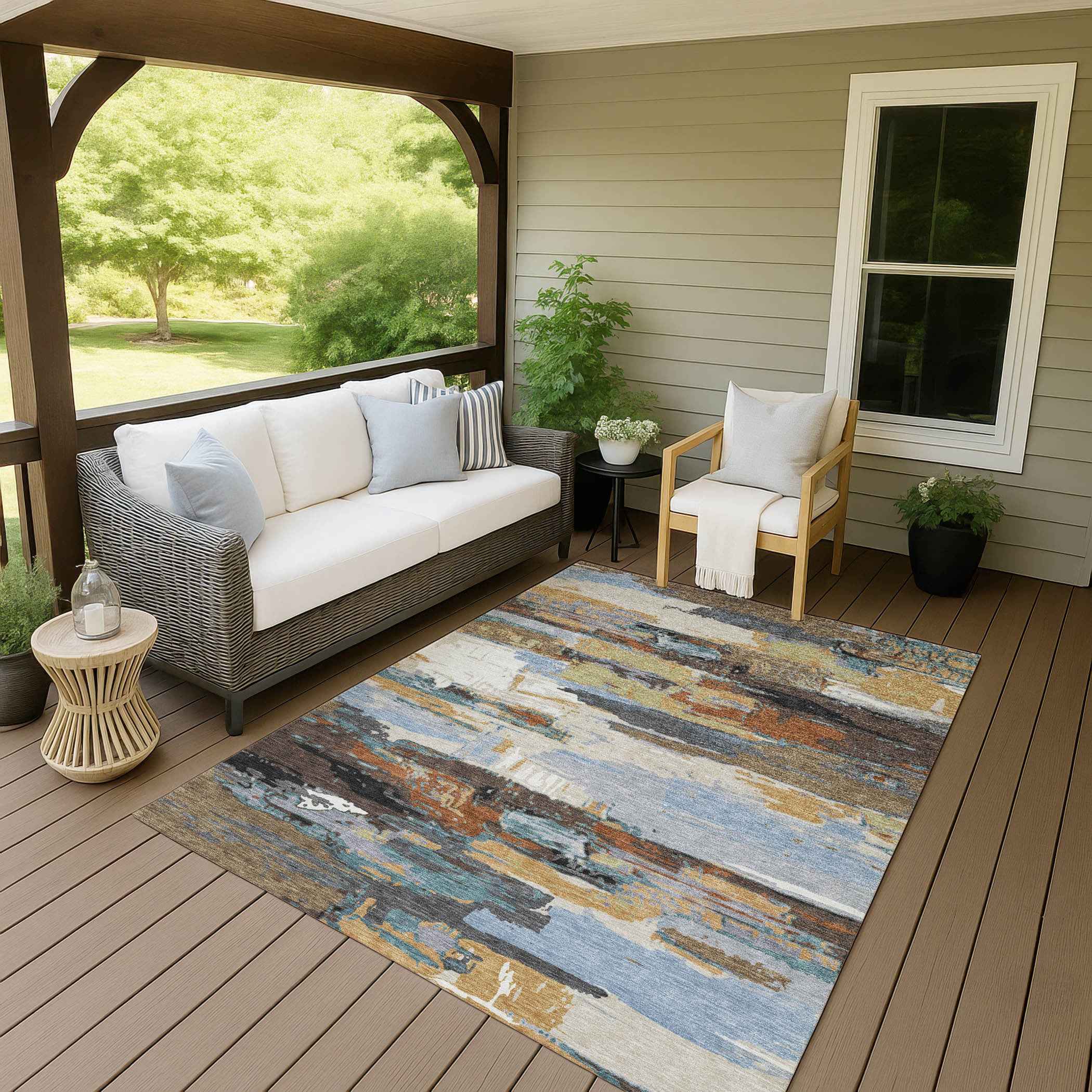 9' X 12' Brown Blue Ivory And Gold Abstract Washable Indoor Outdoor Area Rug