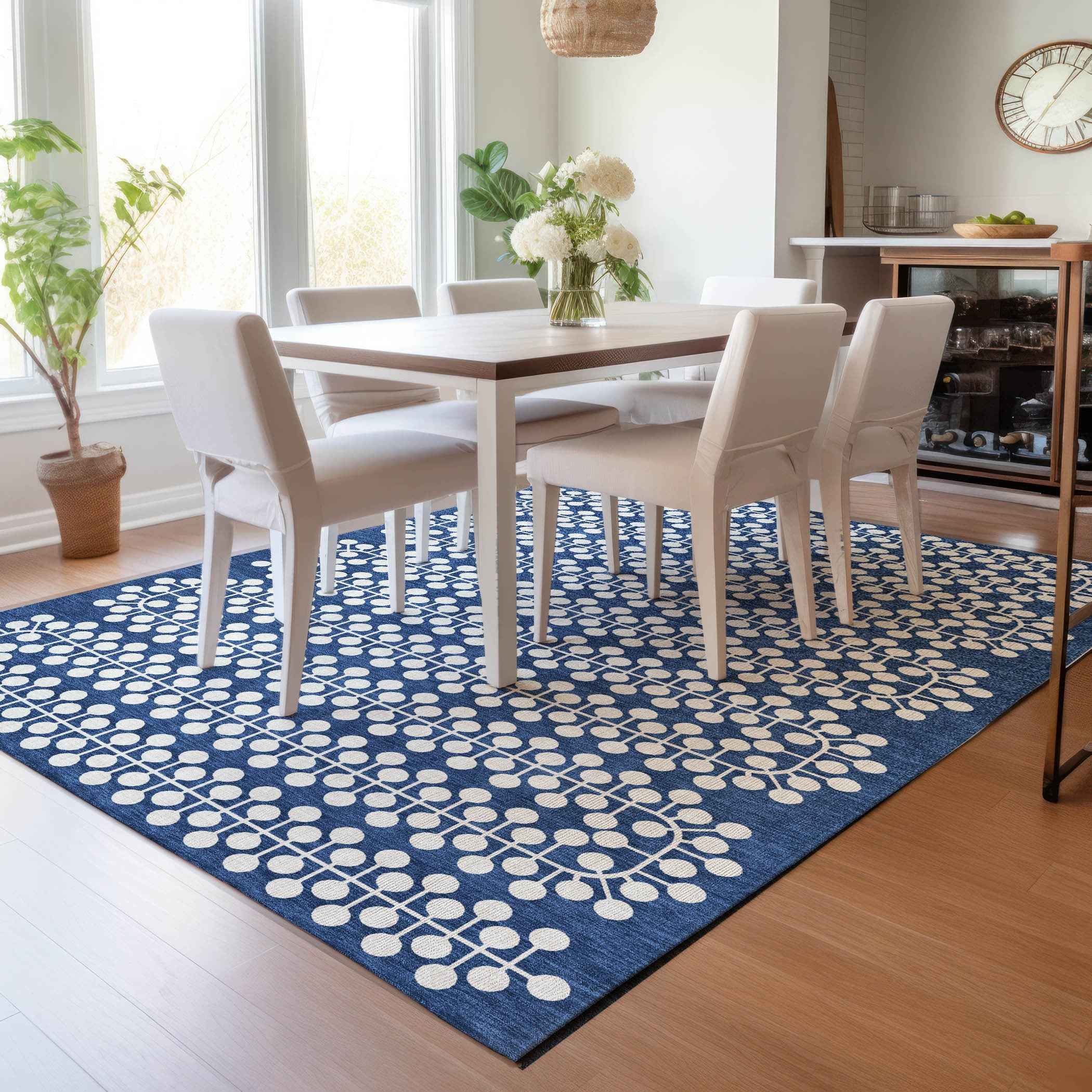 5' X 8' Navy Blue And Ivory Geometric Washable Indoor Outdoor Area Rug
