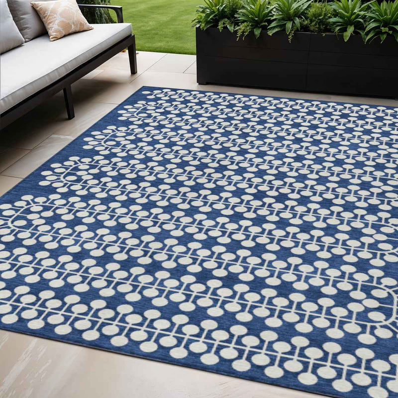 5' X 8' Navy Blue And Ivory Geometric Washable Indoor Outdoor Area Rug