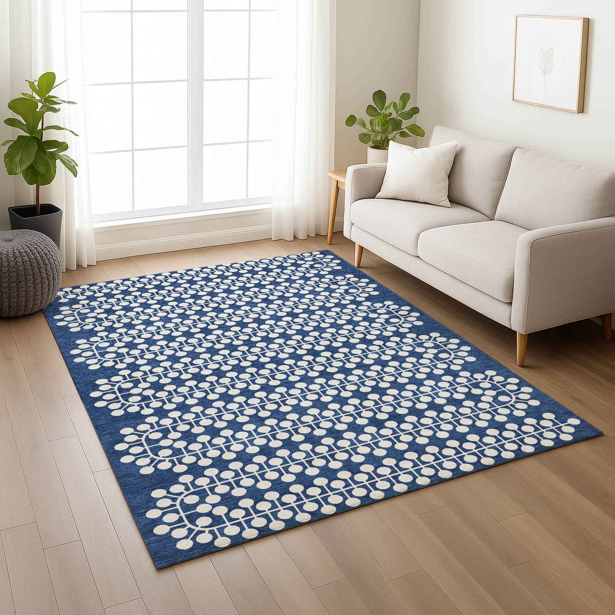 5' X 8' Navy Blue And Ivory Geometric Washable Indoor Outdoor Area Rug