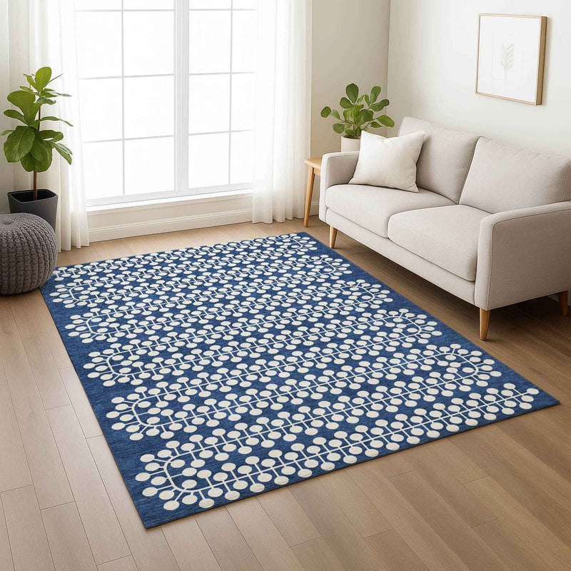 5' X 8' Navy Blue And Ivory Geometric Washable Indoor Outdoor Area Rug