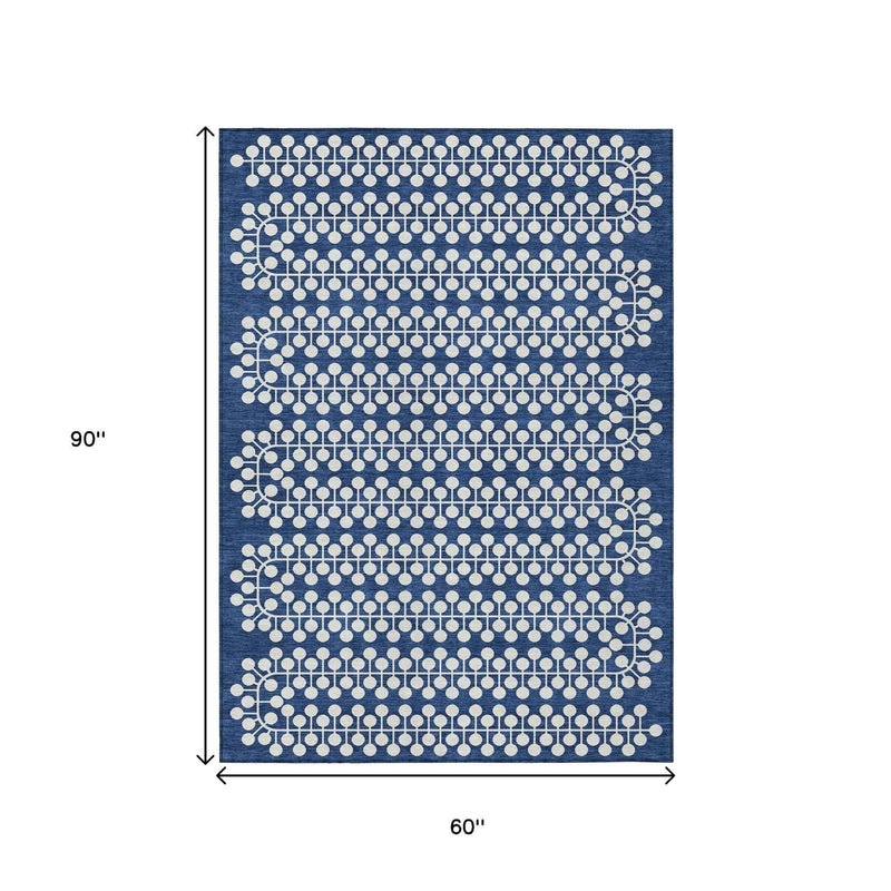 5' X 8' Navy Blue And Ivory Geometric Washable Indoor Outdoor Area Rug
