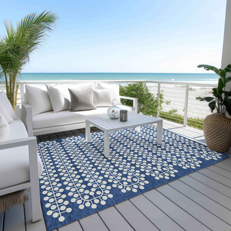 5' X 8' Navy Blue And Ivory Geometric Washable Indoor Outdoor Area Rug