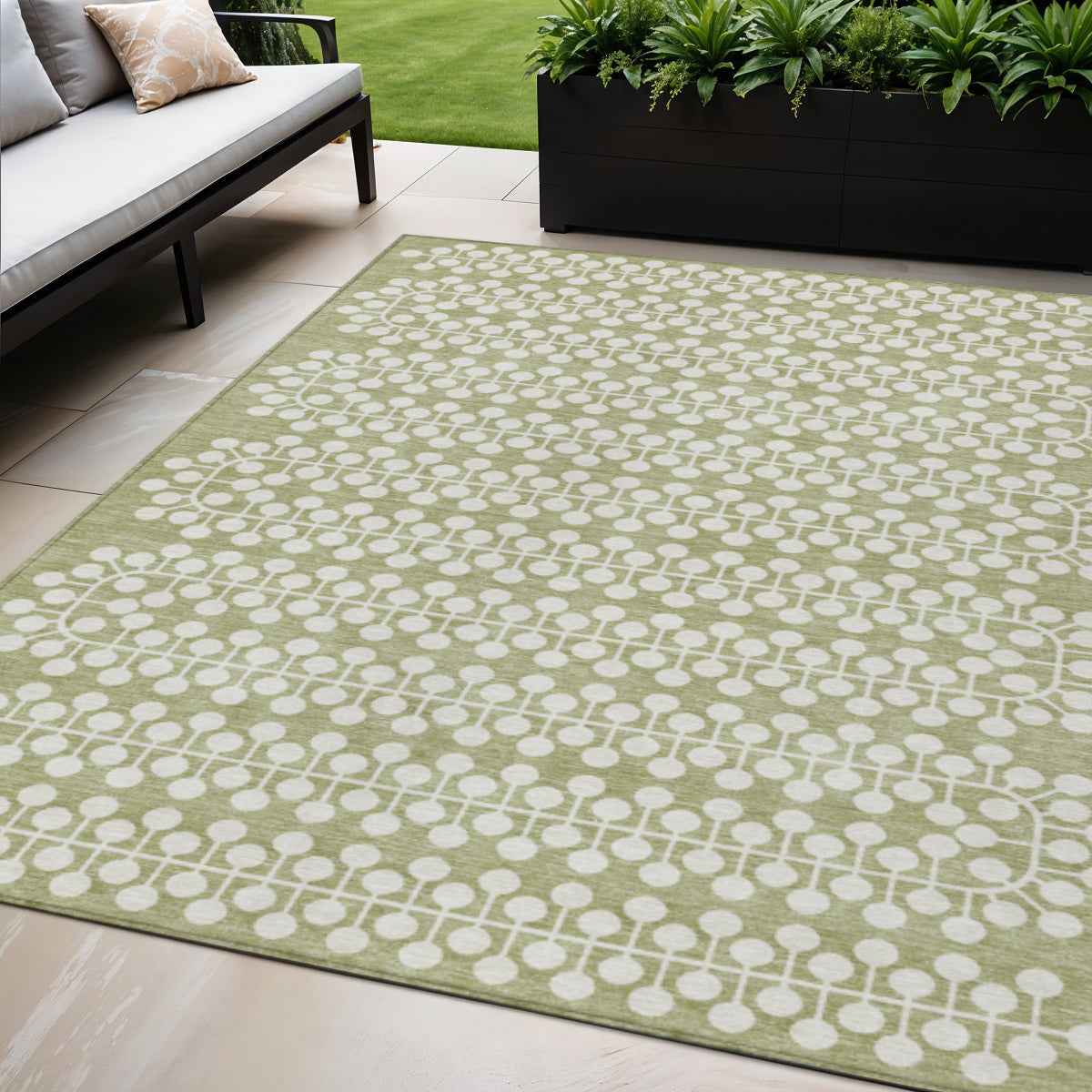 5' X 8' Artichoke Green And Ivory Geometric Washable Indoor Outdoor Area Rug