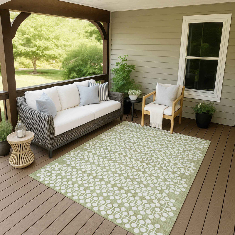 5' X 8' Artichoke Green And Ivory Geometric Washable Indoor Outdoor Area Rug