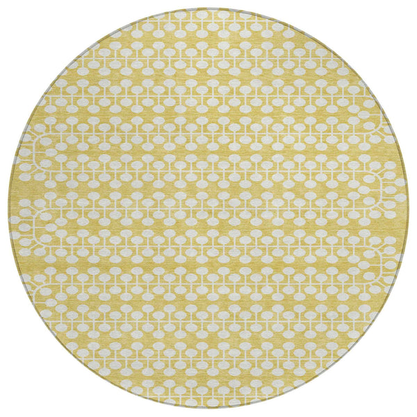8' Gold And Ivory Round Geometric Washable Indoor Outdoor Area Rug