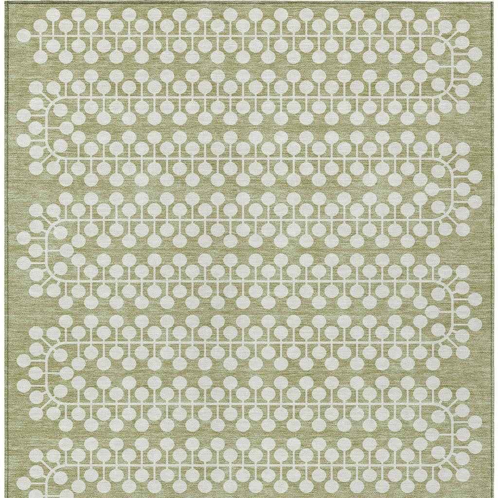 5' X 8' Artichoke Green And Ivory Geometric Washable Indoor Outdoor Area Rug