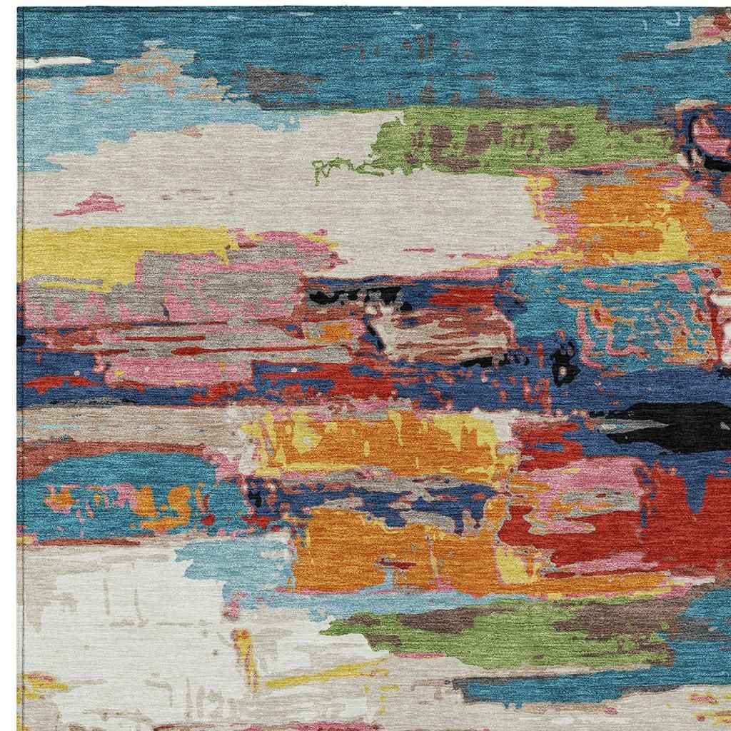 9' X 12' Denim Blue Green Red And Orange Abstract Washable Indoor Outdoor Area Rug