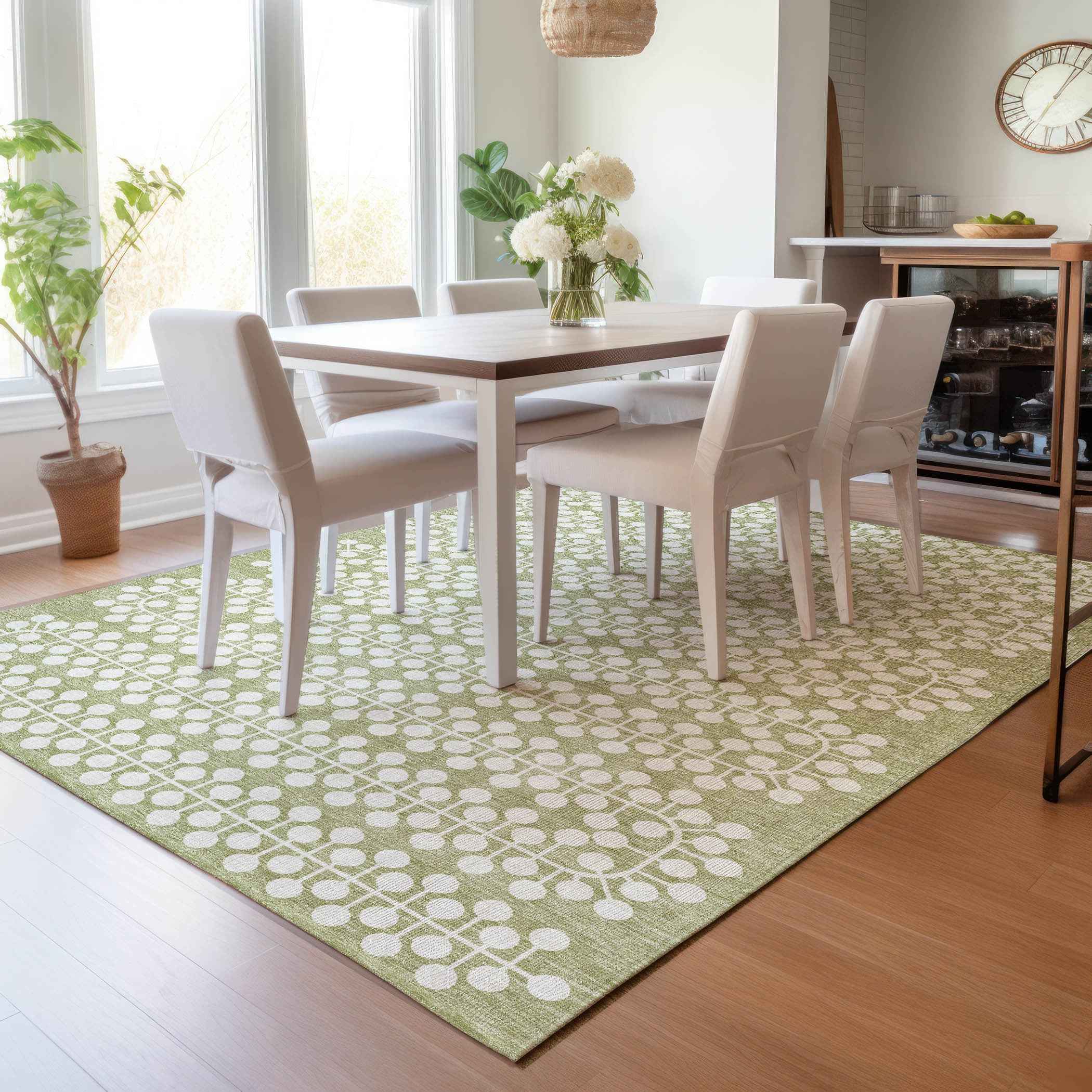 5' X 8' Artichoke Green And Ivory Geometric Washable Indoor Outdoor Area Rug