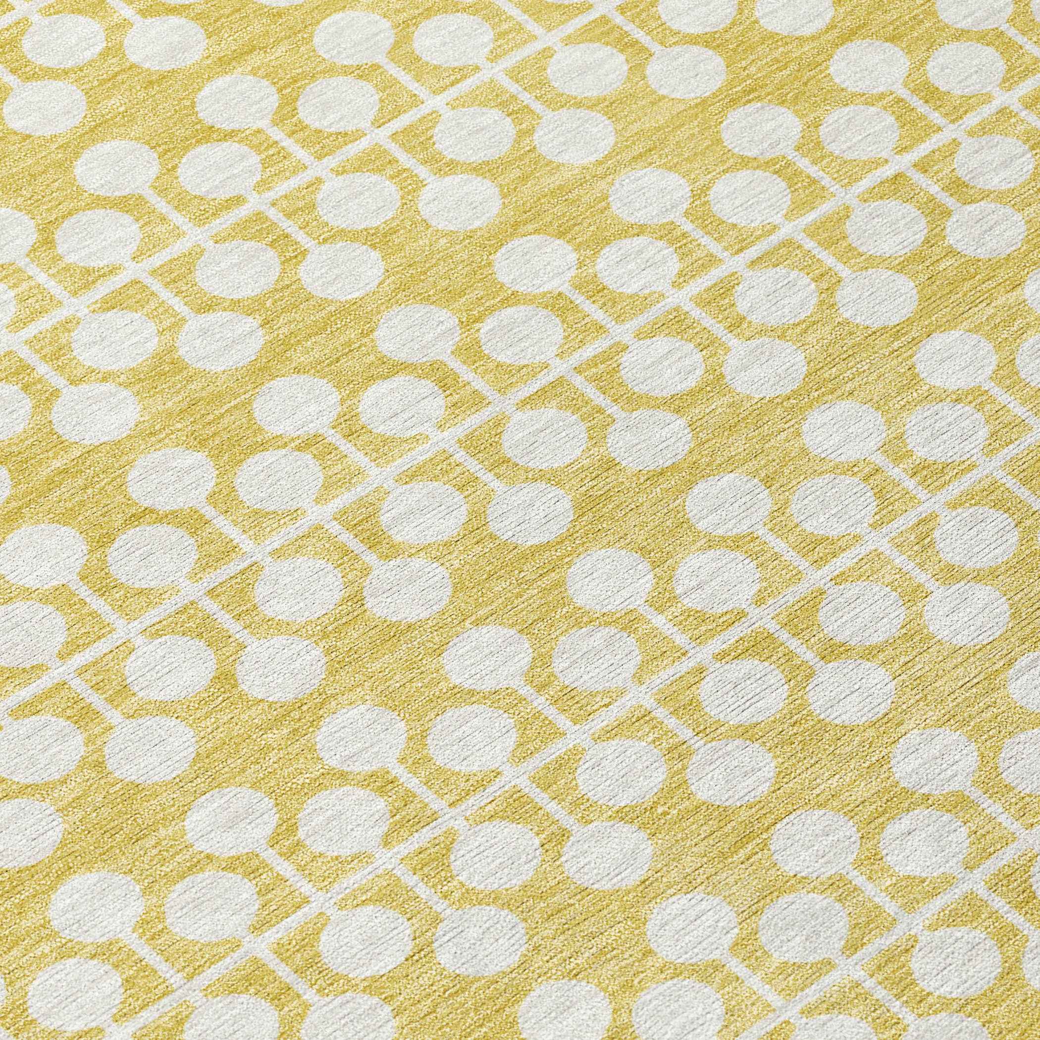 8' Gold And Ivory Round Geometric Washable Indoor Outdoor Area Rug