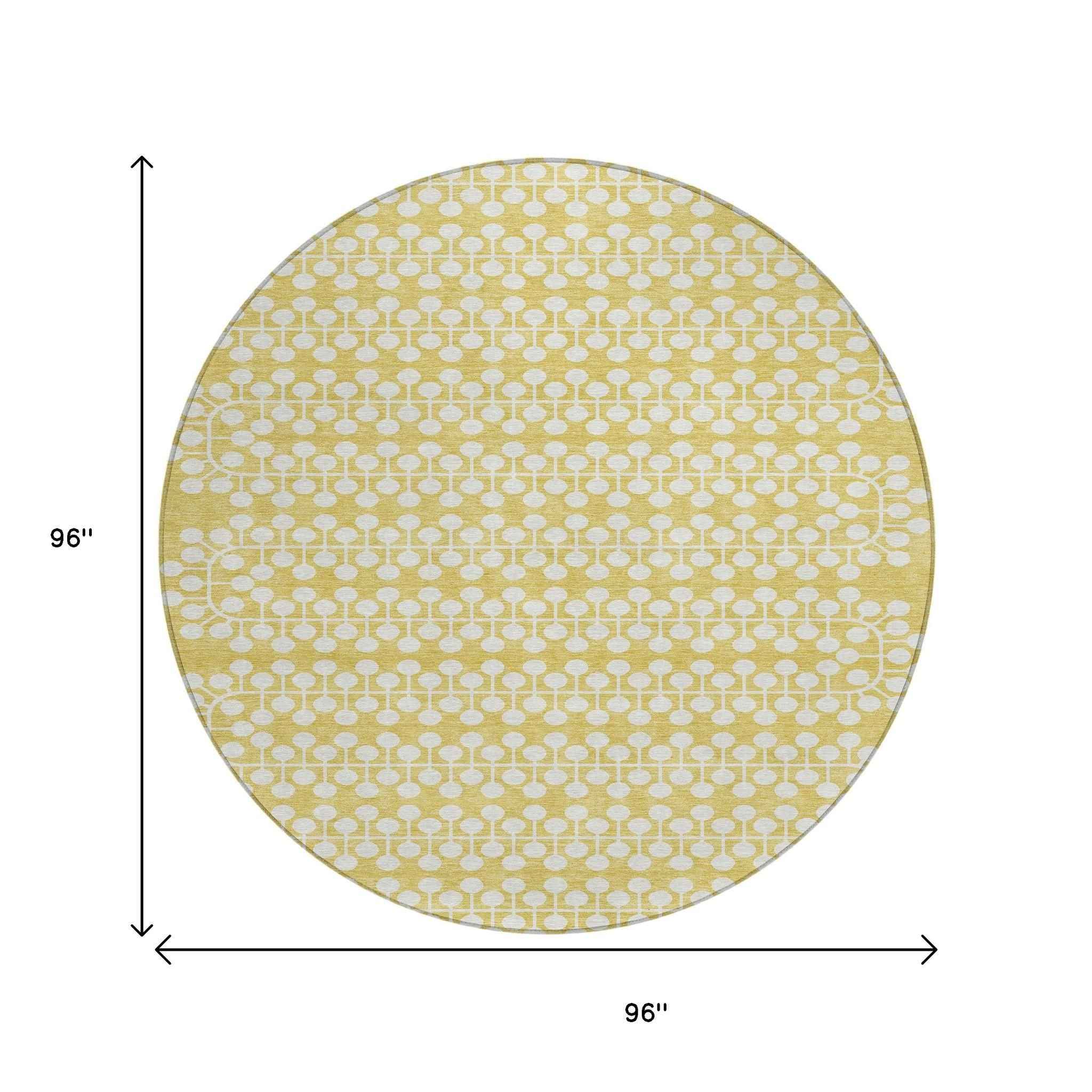 8' Gold And Ivory Round Geometric Washable Indoor Outdoor Area Rug