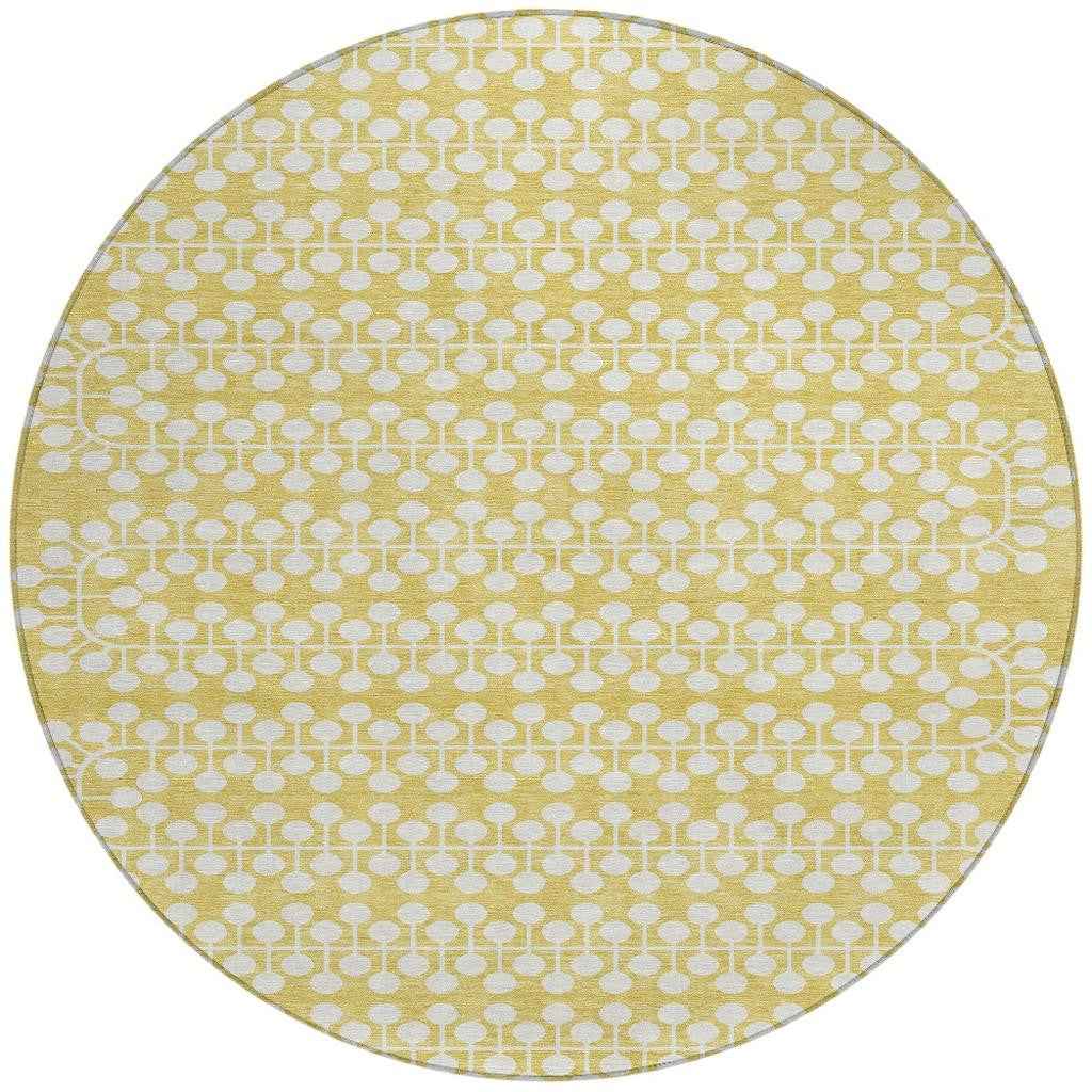 8' Gold And Ivory Round Geometric Washable Indoor Outdoor Area Rug