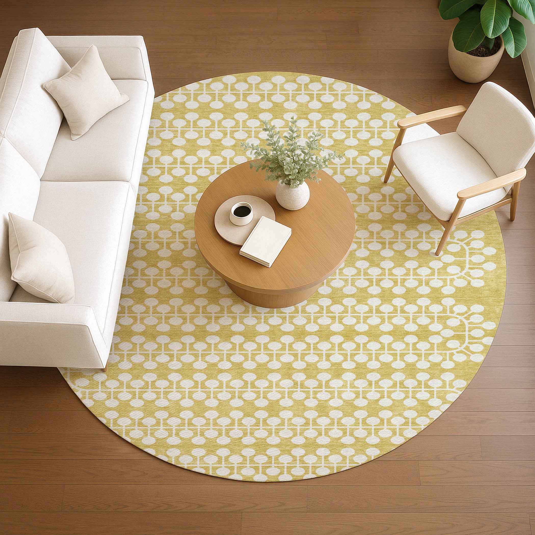 8' Gold And Ivory Round Geometric Washable Indoor Outdoor Area Rug