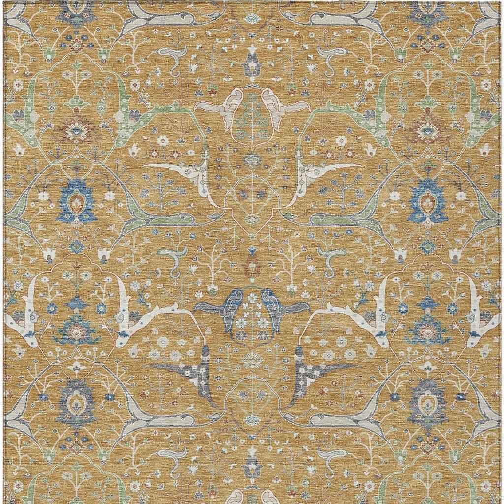 8' X 10' Gold And Blue Floral Washable Indoor Outdoor Area Rug