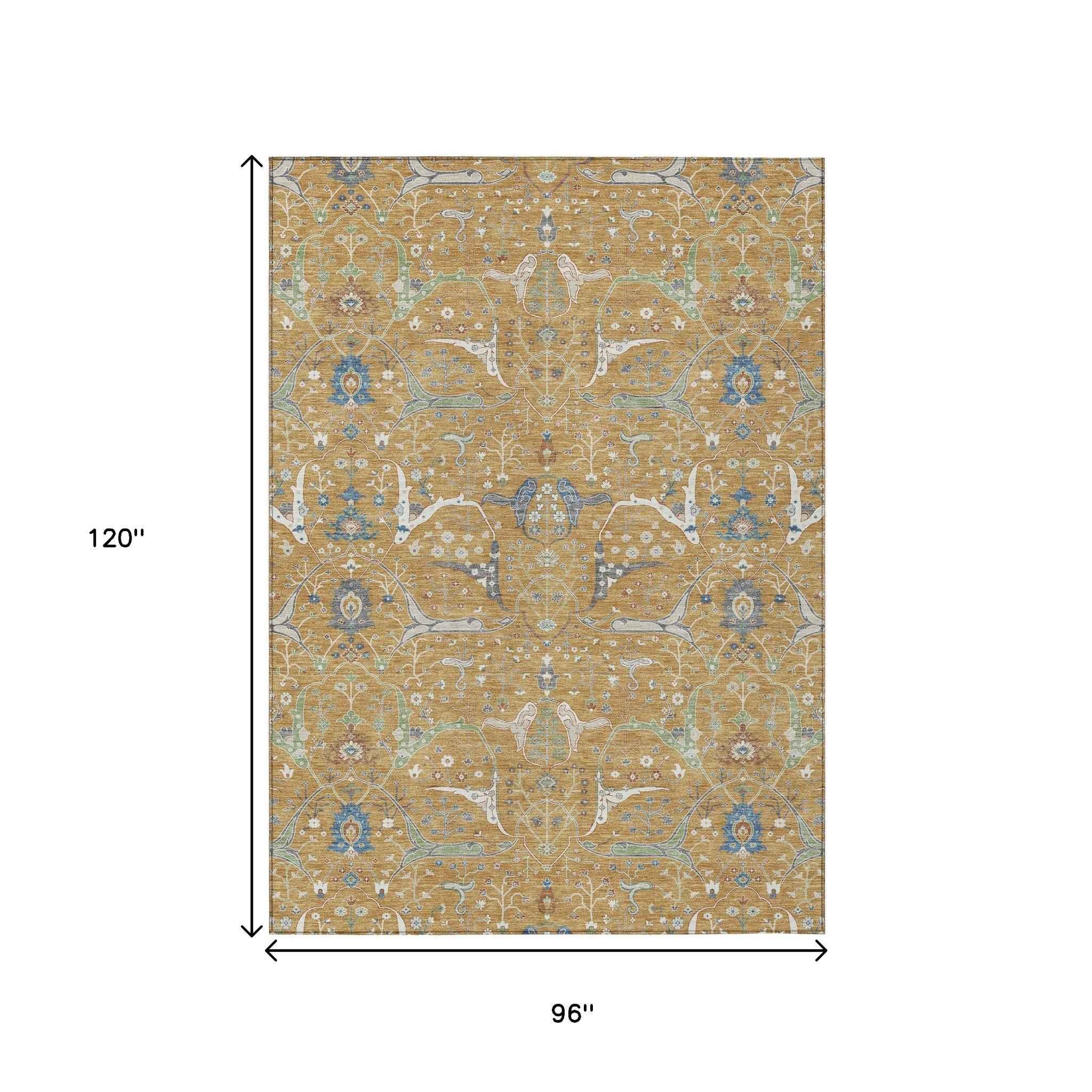 8' X 10' Gold And Blue Floral Washable Indoor Outdoor Area Rug