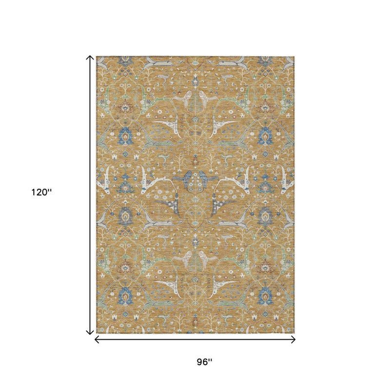 8' X 10' Gold And Blue Floral Washable Indoor Outdoor Area Rug
