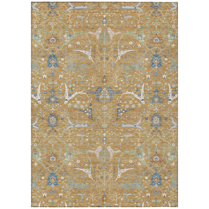 8' X 10' Gold And Blue Floral Washable Indoor Outdoor Area Rug