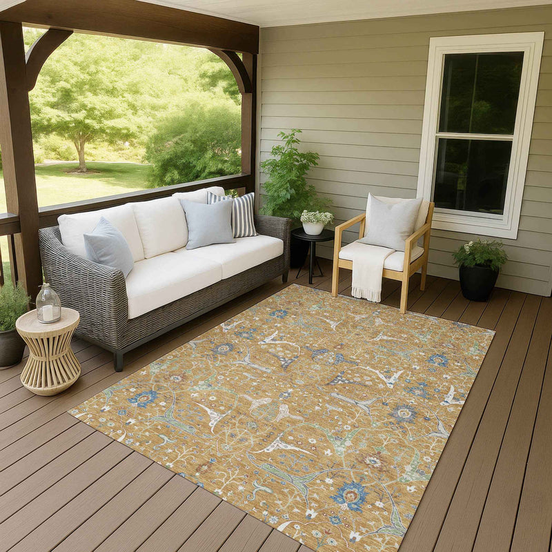 8' X 10' Gold And Blue Floral Washable Indoor Outdoor Area Rug