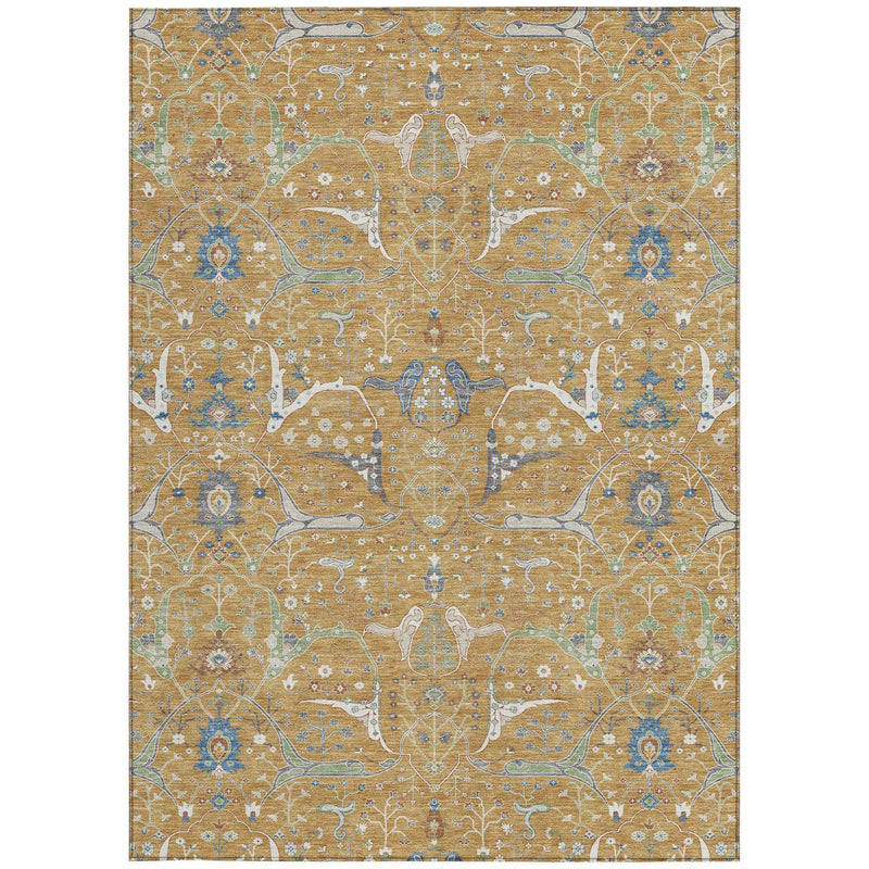 8' X 10' Gold And Blue Floral Washable Indoor Outdoor Area Rug