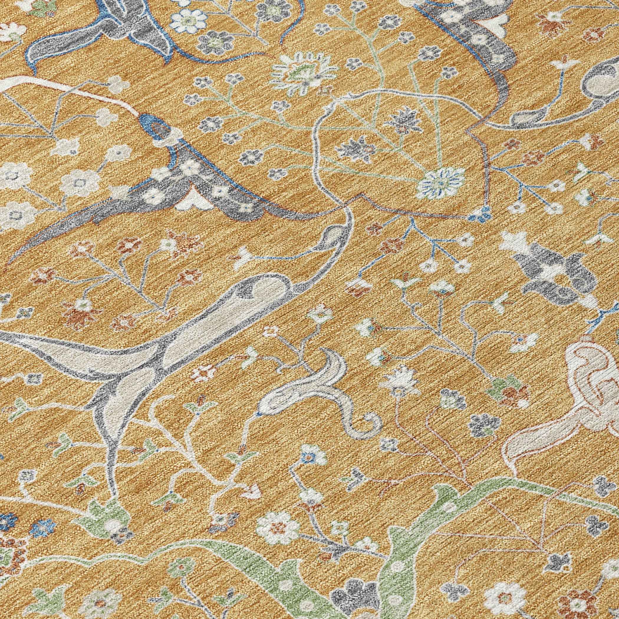 8' X 10' Gold And Blue Floral Washable Indoor Outdoor Area Rug