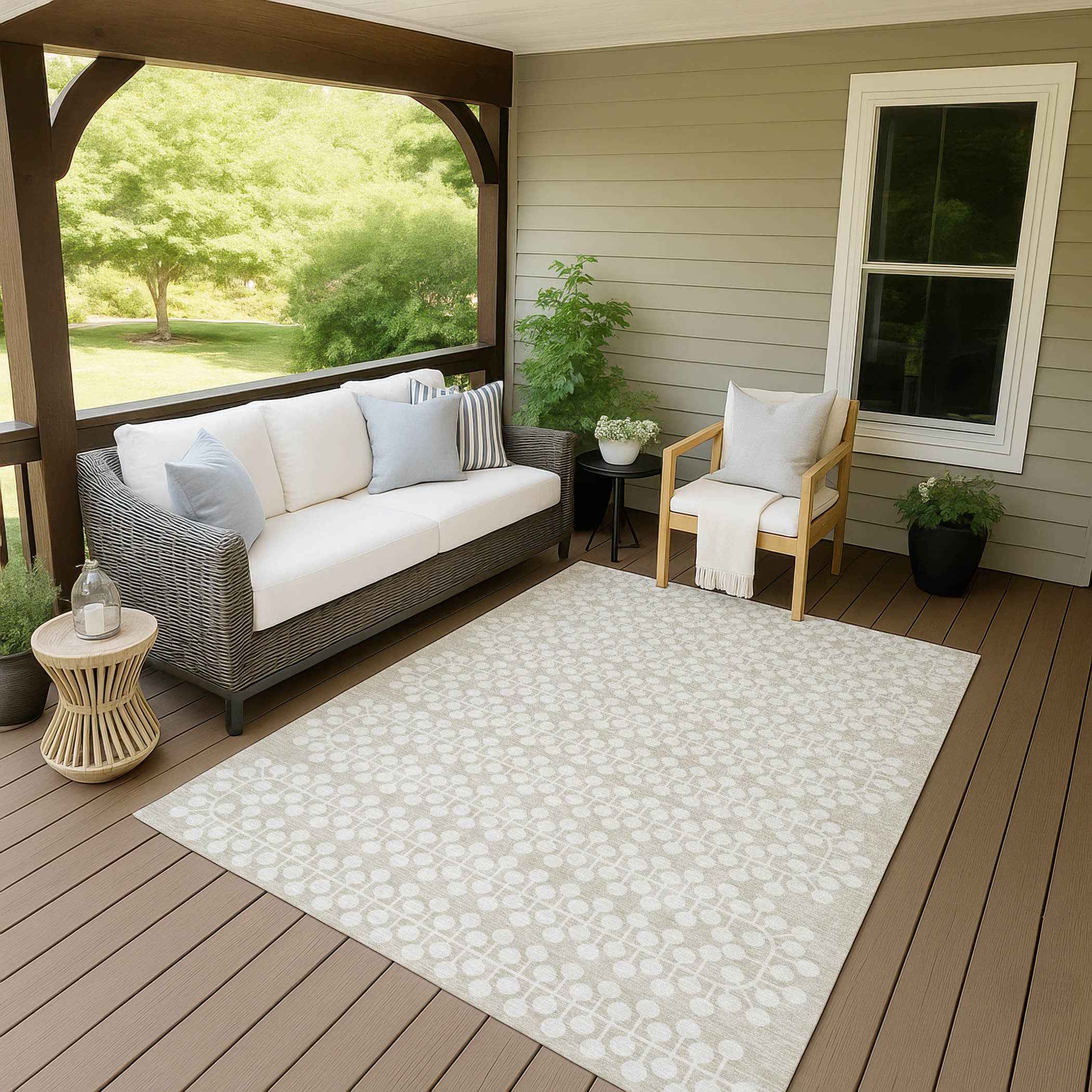 9' X 12' Beige And Ivory Geometric Washable Indoor Outdoor Area Rug