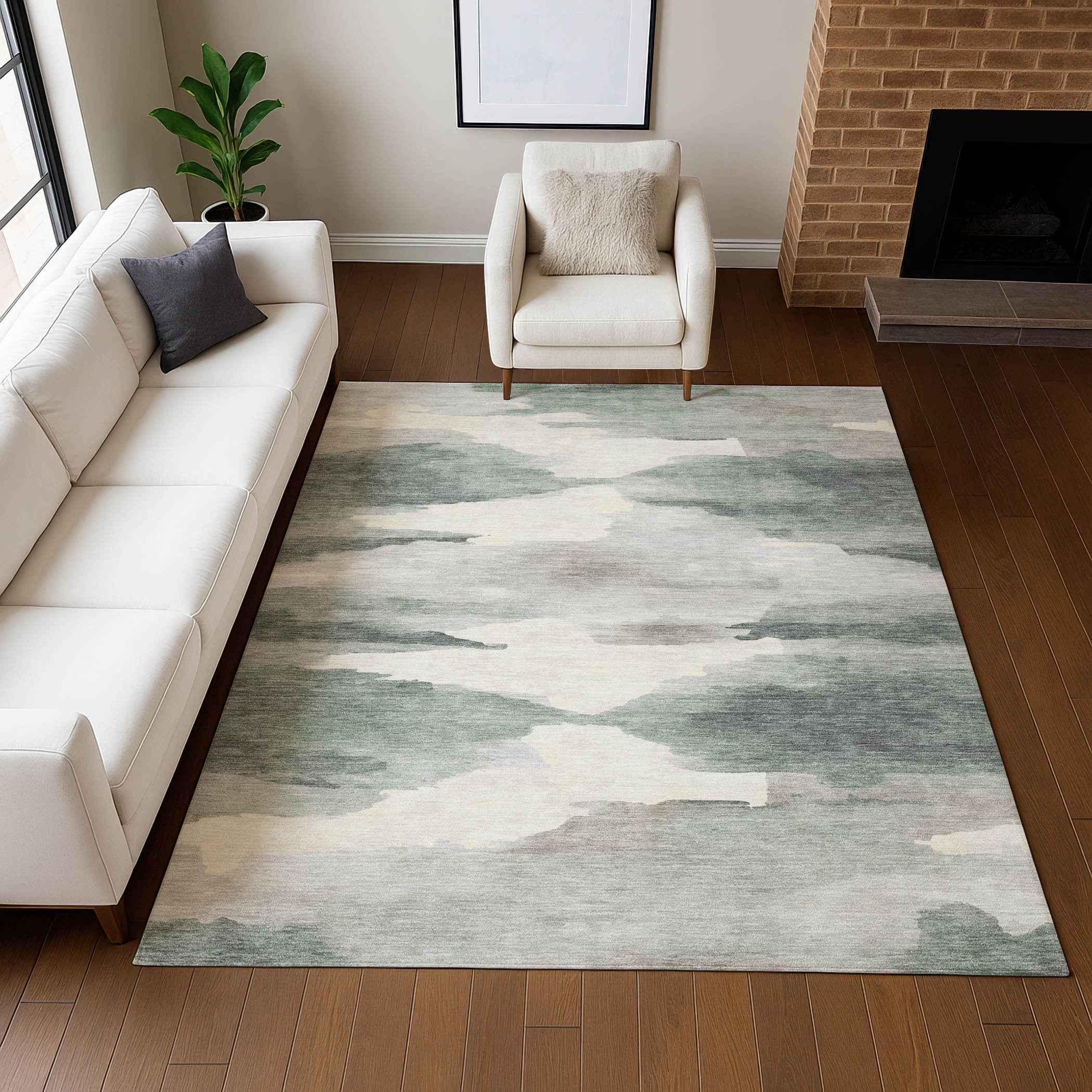 3' X 5' Sage And Ivory Abstract Washable Indoor Outdoor Area Rug