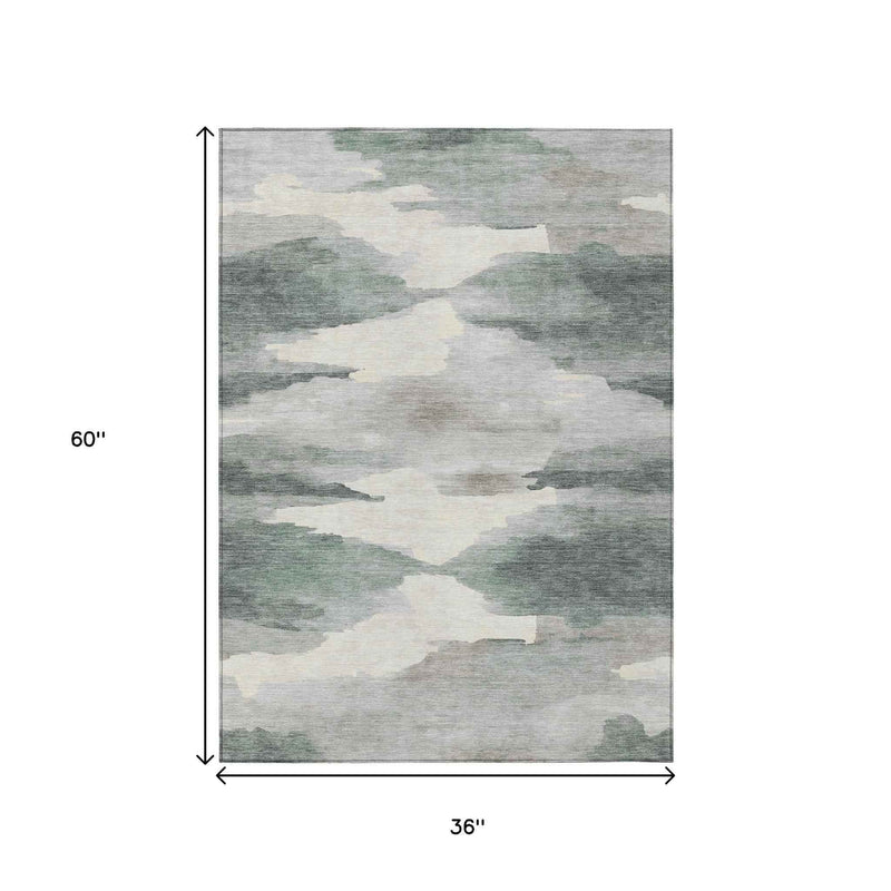 3' X 5' Sage And Ivory Abstract Washable Indoor Outdoor Area Rug