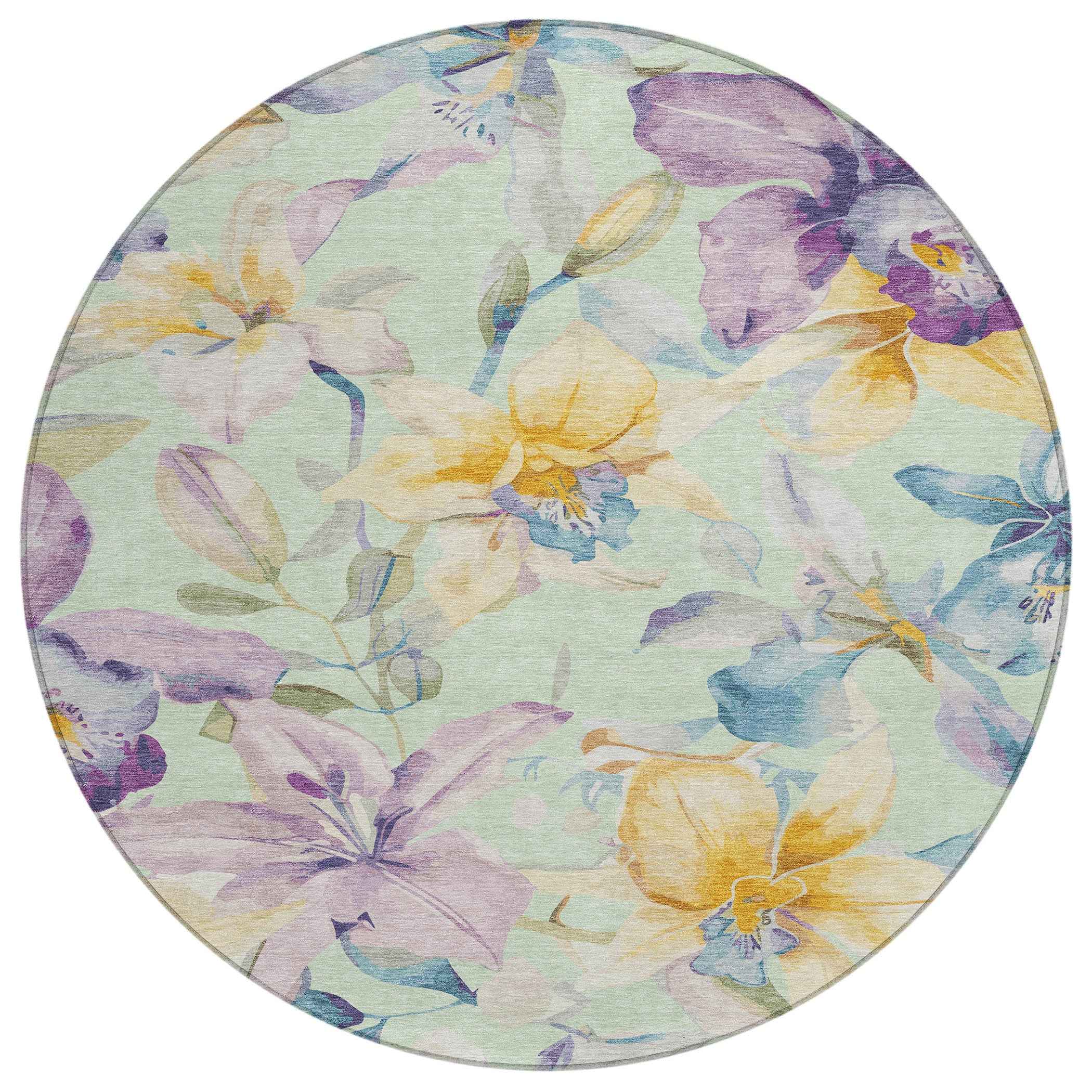 8' Mint Green Gold And Lavender Round Floral Washable Indoor Outdoor Area Rug